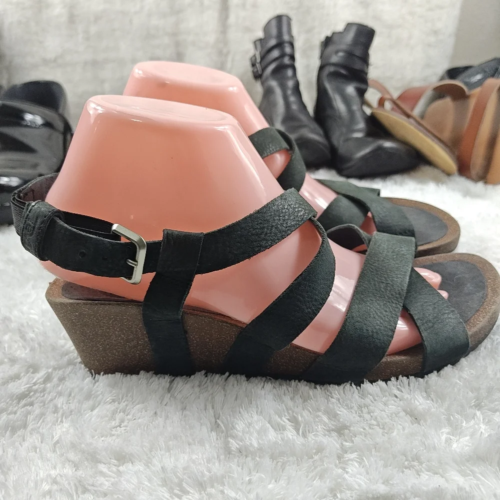 Teva Mahonia Wedge Sandals Bundles  Cross Strap Black/Green Leather Women Sz 8.5 - Picture 9 of 12